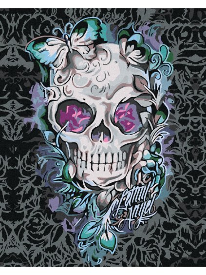 Diamantové maľovanie - LEBKA S MOTÝĽMI A KVETMI (Rámovanie bez rámu a bez vypnutia plátna, Rozmer 40x50 cm)