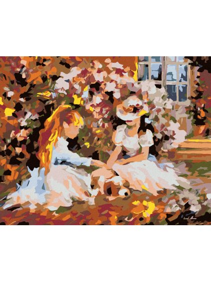 Diamantové maľovanie - DIEVČATÁ V ZÁHRADE A ŠTENIATKO (Rámovanie bez rámu a bez vypnutia plátna, Rozmer 40x50 cm)