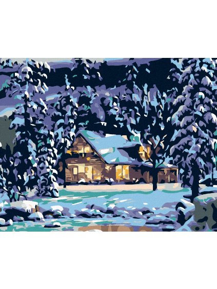 Diamantové maľovanie - ZASNEŽENÝ ZRUB V LESE (Rámovanie bez rámu a bez vypnutia plátna, Rozmer 40x50 cm)