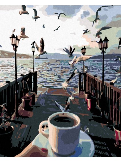 Diamantové maľovanie - ŠÁLOK KÁVY A ČAJKY NAD MOROM (Rámovanie bez rámu a bez vypnutia plátna, Rozmer 40x50 cm)