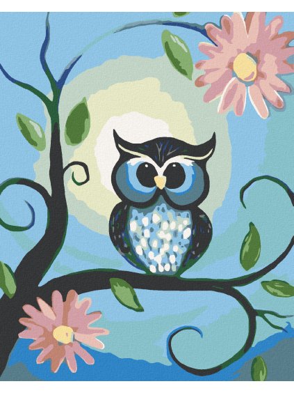 Diamantové maľovanie - MODRÁ SOVIČKA A KVETY (Rámovanie bez rámu a bez vypnutia plátna, Rozmer 40x50 cm)