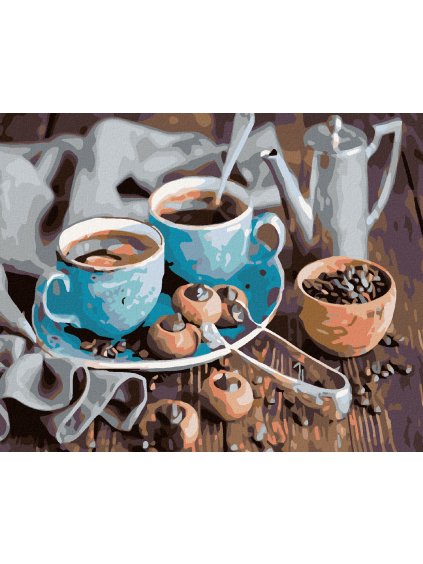 Diamantové maľovanie - MODRÉ ŠÁLKY KÁVY (Rámovanie bez rámu a bez vypnutia plátna, Rozmer 40x50 cm)