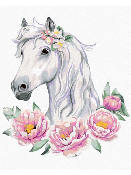 Diamantové maľovanie - BIELÝ KÔN S PIVÓNIAMI (Rámovanie bez rámu a bez vypnutia plátna, Rozmer 40x50 cm)