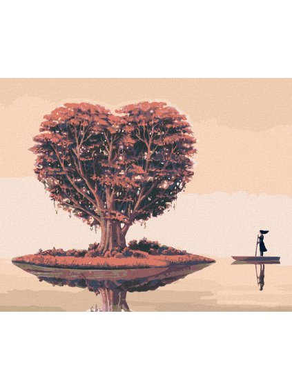 Diamantové maľovanie - STROM V TVARE SRDCA NA OSTROVČEKU (Rámovanie bez rámu a bez vypnutia plátna, Rozmer 40x50 cm)