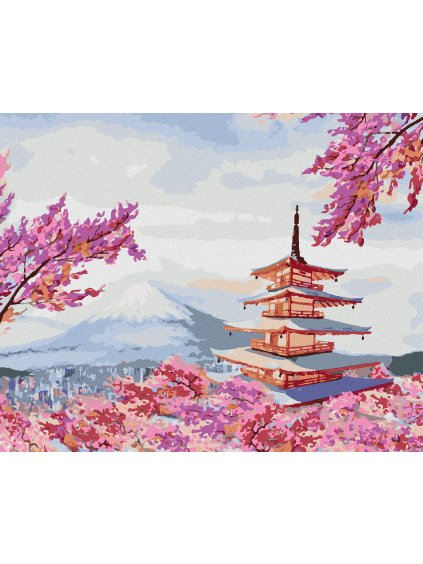 Diamantové maľovanie - JAPONSKO CHRÁM A RUŽOVÉ KVETY (Rámovanie bez rámu a bez vypnutia plátna, Rozmer 40x50 cm)