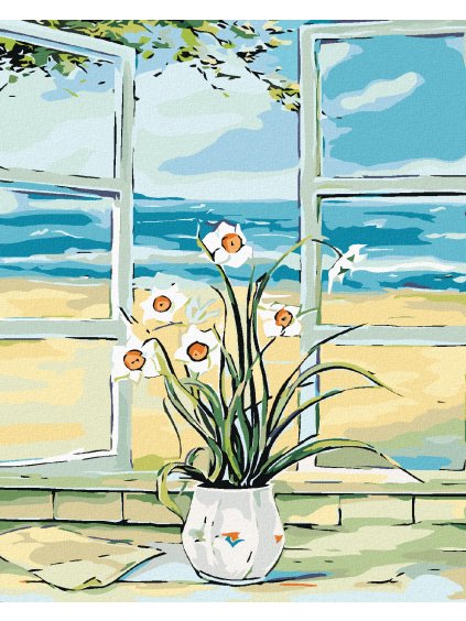 Diamantové maľovanie - NARCIS V OKNE PRI PLÁŽI (Rámovanie bez rámu a bez vypnutia plátna, Rozmer 40x50 cm)