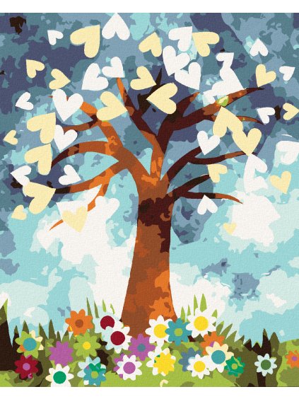 Diamantové maľovanie - SRDCOVÝ STROM A KVETY (Rámovanie bez rámu a bez vypnutia plátna, Rozmer 40x50 cm)