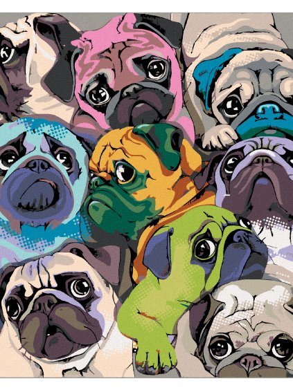 Diamantové maľovanie - FAREBNÉ MOPSI (Rámovanie bez rámu a bez vypnutia plátna, Rozmer 40x50 cm)