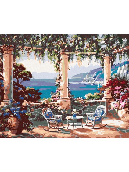 Diamantové maľovanie - POSEDENIE S VÝHĽADOM NA MORE (Rámovanie bez rámu a bez vypnutia plátna, Rozmer 40x50 cm)