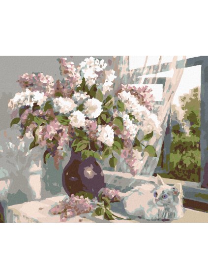 Diamantové maľovanie - BIELE MAČIATKO A ORGOVÁN VO VÁZE (Rámovanie bez rámu a bez vypnutia plátna, Rozmer 40x50 cm)