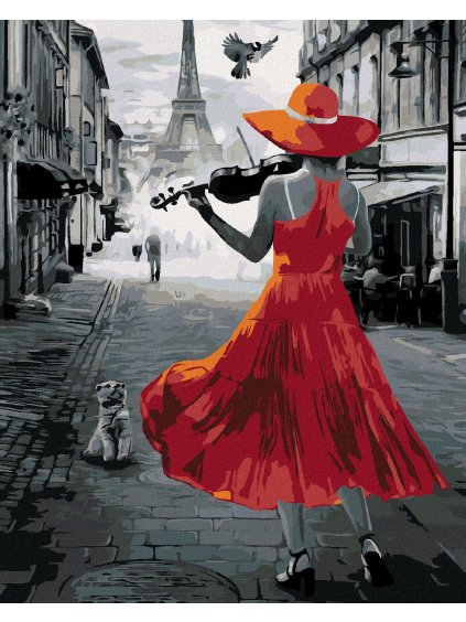 Diamantové maľovanie - ŽENA HRAJÚCA V PARÍŽI NA HUSLE (Rámovanie bez rámu a bez vypnutia plátna, Rozmer 40x50 cm)