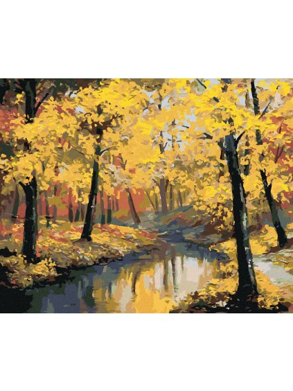 Diamantové maľovanie - JESENNÝ LES A RIEKA (Rámovanie bez rámu a bez vypnutia plátna, Rozmer 40x50 cm)