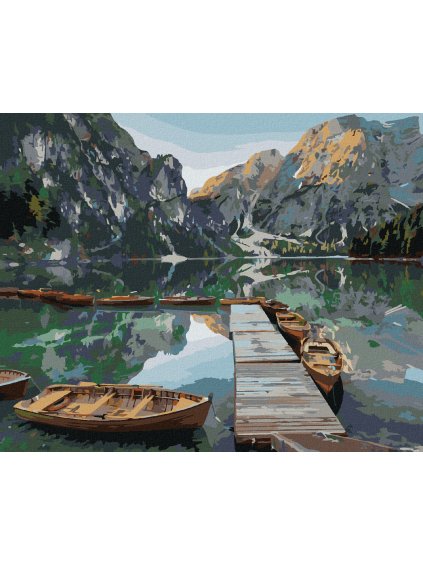 Diamantové maľovanie - LOĎKY NA HORSKOM JAZERE (Rámovanie bez rámu a bez vypnutia plátna, Rozmer 40x50 cm)
