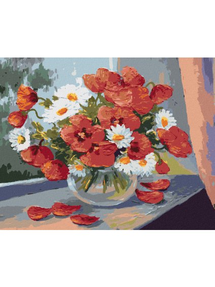 Diamantové maľovanie - MARGARÉTY A VLČIE MAKY NA OKNE (Rámovanie bez rámu a bez vypnutia plátna, Rozmer 40x50 cm)