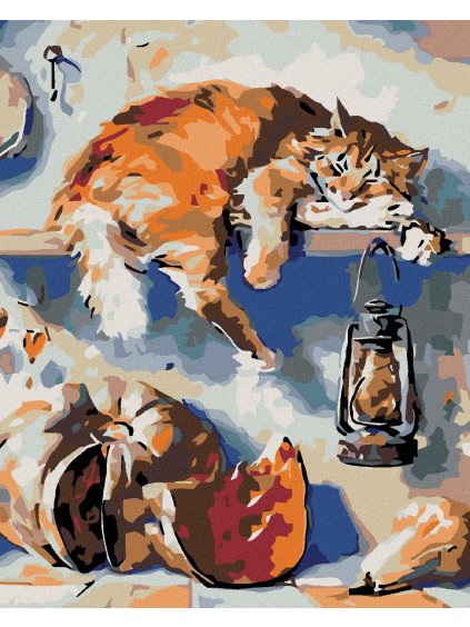 Diamantové maľovanie - SPIACI KOCÚR NA POLIČKE V ŠPAJZI (Rámovanie bez rámu a bez vypnutia plátna, Rozmer 40x50 cm)