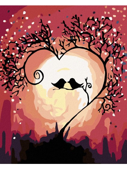 Diamantové maľovanie - VTÁCI V STROMOVOM SRDCI (Rámovanie bez rámu a bez vypnutia plátna, Rozmer 40x50 cm)