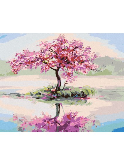 Diamantové maľovanie - ROZKVITNUTÁ SAKURA PRI JAZERE (Rámovanie bez rámu a bez vypnutia plátna, Rozmer 40x50 cm)