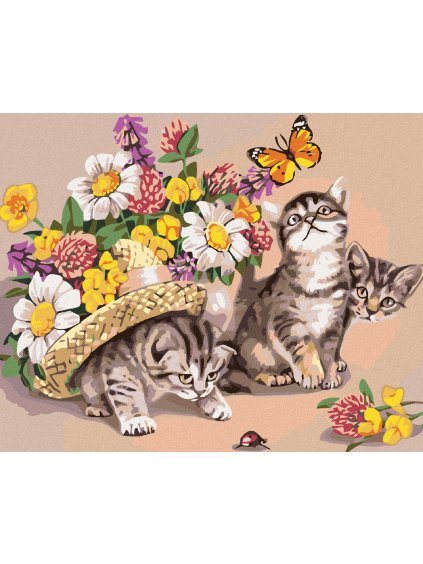 Diamantové maľovanie - MAČIATKA S KLOBÚKOM A KVETMI (Rámovanie bez rámu a bez vypnutia plátna, Rozmer 40x50 cm)