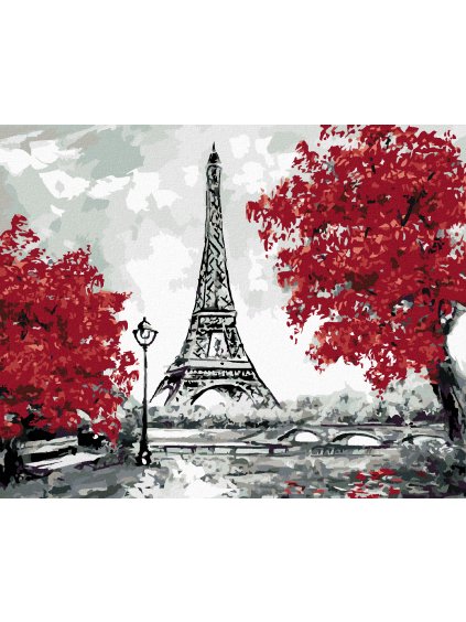 Diamantové maľovanie - EIFFELOVA VEŽA A ČERVENÉ STROMY (Rámovanie bez rámu a bez vypnutia plátna, Rozmer 40x50 cm)