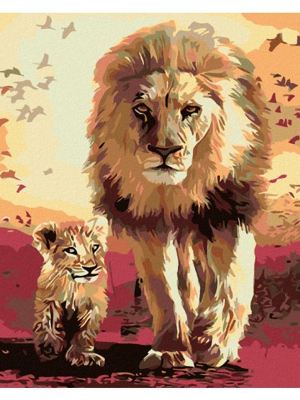 Diamantové maľovanie - KRÁČAJÚCI LEV S LEVÍČATKOM (Rámovanie bez rámu a bez vypnutia plátna, Rozmer 40x50 cm)