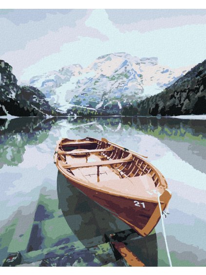 Diamantové maľovanie - DREVENÁ LOĎKA NA ALPSKOM JAZERE (Rámovanie bez rámu a bez vypnutia plátna, Rozmer 40x50 cm)