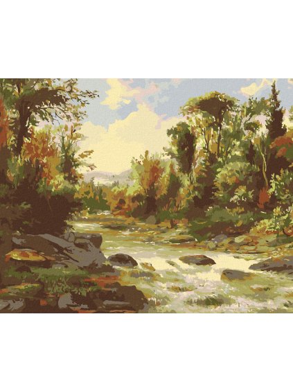 Diamantové maľovanie - RIEKA V JESENNOM LESE (Rámovanie bez rámu a bez vypnutia plátna, Rozmer 40x50 cm)