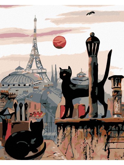 Diamantové maľovanie - ČIERNE MAČKY A EIFFELOVKA V DIAĽKE (Rámovanie bez rámu a bez vypnutia plátna, Rozmer 40x50 cm)