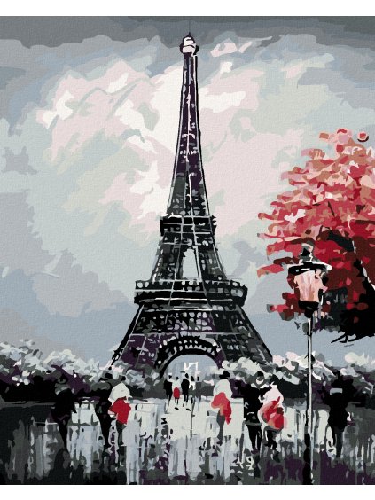Diamantové maľovanie - EIFFELOVKA S ČERVENÝM STROMOM (Rámovanie bez rámu a bez vypnutia plátna, Rozmer 40x50 cm)