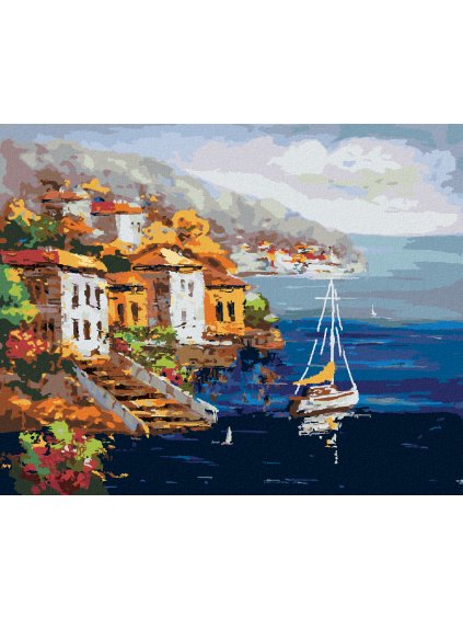 Diamantové maľovanie - VÝHĽAD NA PRÍSTAV V GRÉCKU (Rámovanie bez rámu a bez vypnutia plátna, Rozmer 40x50 cm)