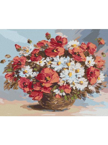 Diamantové maľovanie - VLČIE MAKY A MARGARÉTY VO VÁZE (Rámovanie bez rámu a bez vypnutia plátna, Rozmer 40x50 cm)