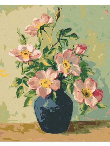 Diamantové maľovanie - RUŽOVÉ KVETY V MODREJ VÁZE (Rámovanie bez rámu a bez vypnutia plátna, Rozmer 40x50 cm)