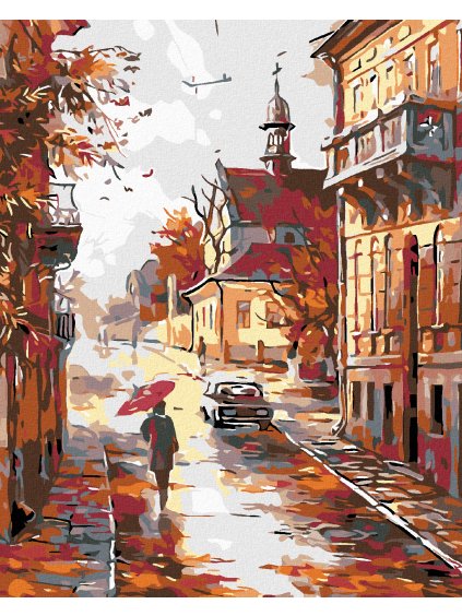 Diamantové maľovanie - JESENNÁ ULICA NA KONCI MESTA (Rámovanie bez rámu a bez vypnutia plátna, Rozmer 40x50 cm)