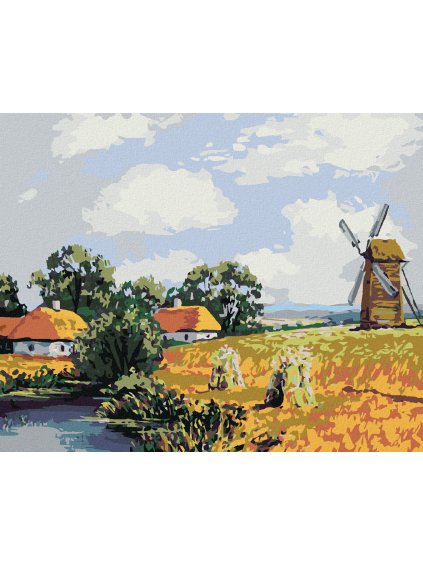 Diamantové maľovanie - POĽNÁ KRAJINA S MLYNOM (Rámovanie bez rámu a bez vypnutia plátna, Rozmer 40x50 cm)