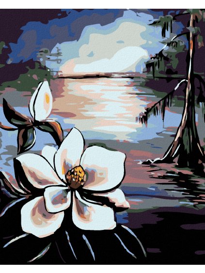 Diamantové maľovanie - KRÁSNY KVIETOK A STARÝ STROM PRI JAZERE (Rámovanie bez rámu a bez vypnutia plátna, Rozmer 40x50 cm)