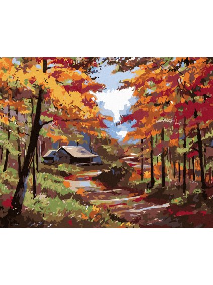 Diamantové maľovanie - CHALUPA V JESENNOM LESE (Rámovanie bez rámu a bez vypnutia plátna, Rozmer 40x50 cm)