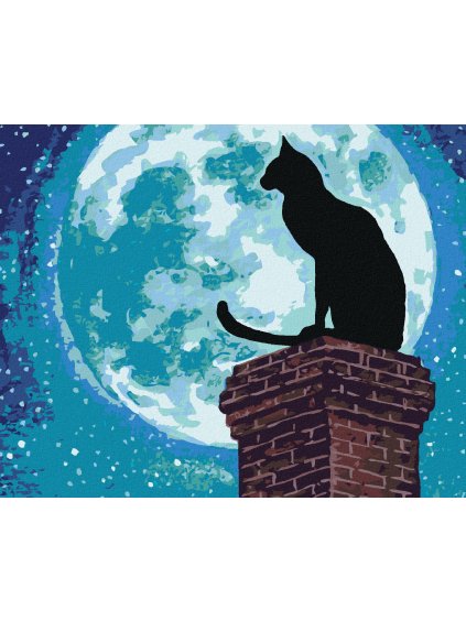Diamantové maľovanie - MAČKA NA KOMÍNE A MESIAC V SPLNE (Rámovanie bez rámu a bez vypnutia plátna, Rozmer 40x50 cm)