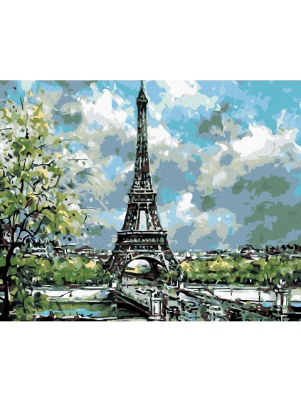 Diamantové maľovanie - EIFFELOVKA S JARNÝMI STROMAMI (Rámovanie bez rámu a bez vypnutia plátna, Rozmer 40x50 cm)