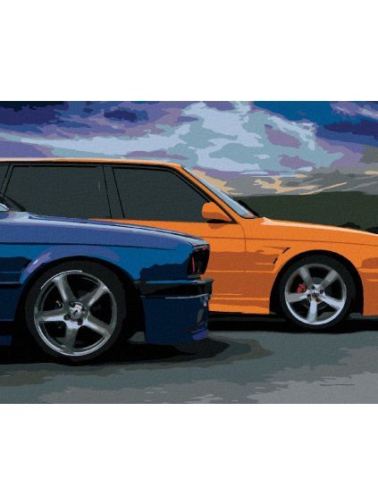 Diamantové maľovanie - DVE FAREBNÉ AUTA (Rámovanie bez rámu a bez vypnutia plátna, Rozmer 40x50 cm)