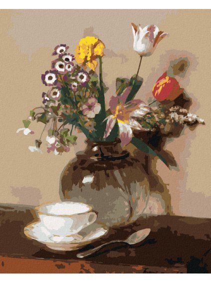 Diamantové maľovanie - ZÁTIŠIE S KVETMI A ŠÁLKOU (HENRI FANTIN-LATOUR) (Rámovanie bez rámu a bez vypnutia plátna, Rozmer 40x50 cm)