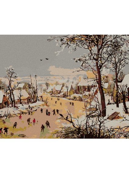 Diamantové maľovanie - ZIMNÁ KRAJINA S PASŤOU NA VTÁKY (PIETER BRUEGEL) (Rámovanie bez rámu a bez vypnutia plátna, Rozmer 40x50 cm)