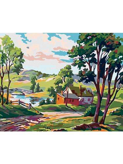 Diamantové maľovanie - VIDIECKA STAVBA PRI RYBNÍKU (Rámovanie bez rámu a bez vypnutia plátna, Rozmer 40x50 cm)