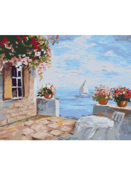 Diamantové maľovanie - TERASA S KVETMI NA MORI (Rámovanie bez rámu a bez vypnutia plátna, Rozmer 40x50 cm)