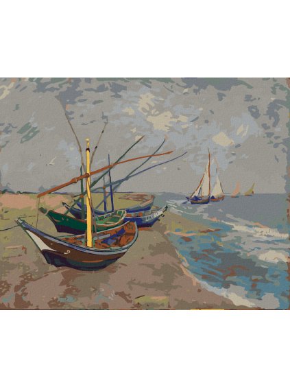 Diamantové maľovanie - RYBÁRSKE LODE NA PLÁŽI V SAINTES-MARIES (VINCENT VAN GOGH) (Rámovanie bez rámu a bez vypnutia plátna, Rozmer 40x50 cm)