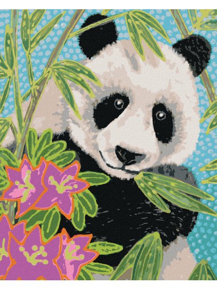 Diamantové maľovanie - PANDA S BAMBUSOM A KVETMI (Rámovanie bez rámu a bez vypnutia plátna, Rozmer 40x50 cm)