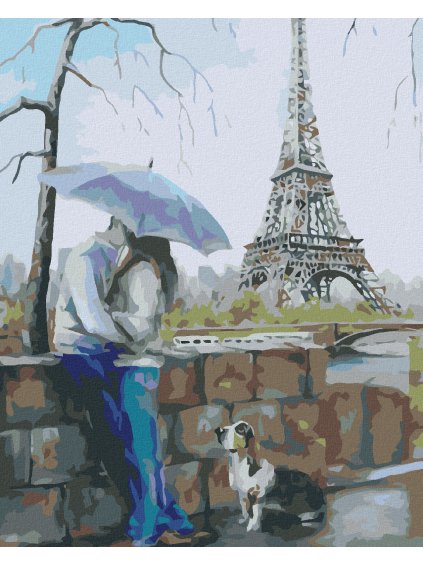 Diamantové maľovanie - MILENCI SO PSOM PRI EIFFELOVKE (Rámovanie bez rámu a bez vypnutia plátna, Rozmer 40x50 cm)