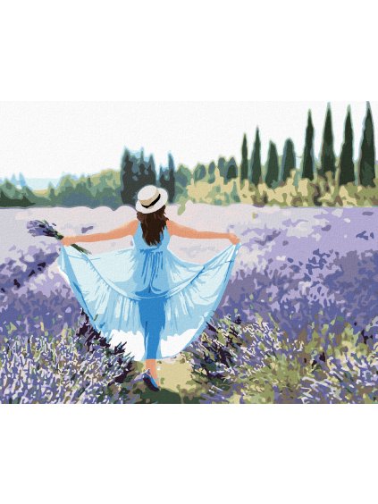 Diamantové maľovanie - LEVANDUĽOVÉ POLE A ŽENA V MODRÝCH ŠATÁCH (Rámovanie bez rámu a bez vypnutia plátna, Rozmer 40x50 cm)