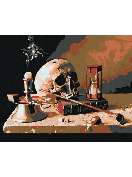 Diamantové maľovanie - LEBKA NA STOLE (Rámovanie bez rámu a bez vypnutia plátna, Rozmer 40x50 cm)