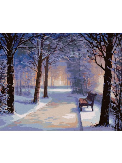 Diamantové maľovanie - LAVIČKA V ZASNEŽENOM PARKU (Rámovanie bez rámu a bez vypnutia plátna, Rozmer 40x50 cm)