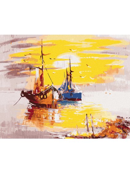 Diamantové maľovanie - MAĽOVANÉ LODE A ZÁPAD SLNKA (Rámovanie bez rámu a bez vypnutia plátna, Rozmer 40x50 cm)