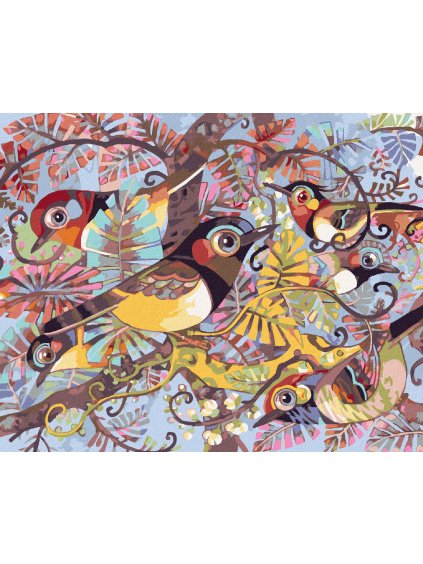 Diamantové maľovanie - MAĽOVANÍ VTÁCI VO VETVÁCH (Rámovanie bez rámu a bez vypnutia plátna, Rozmer 40x50 cm)